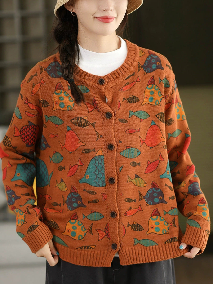 Fish Artsy Autumn O-Neck Sweater Cartoon Women FashionChic