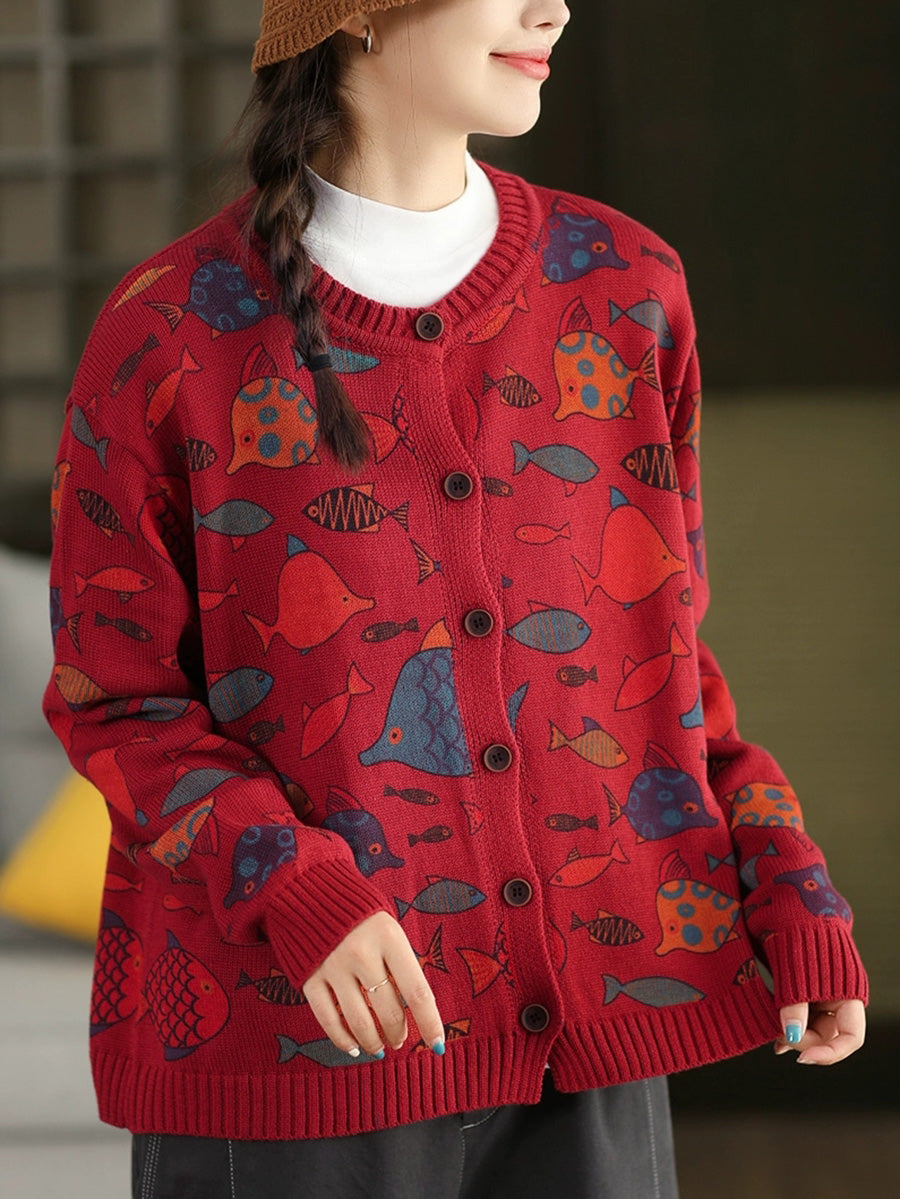 Fish Artsy Autumn O-Neck Sweater Cartoon Women FashionChic