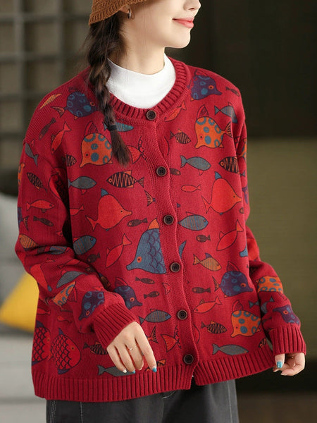 Fish Artsy Autumn O-Neck Sweater Cartoon Women FashionChic