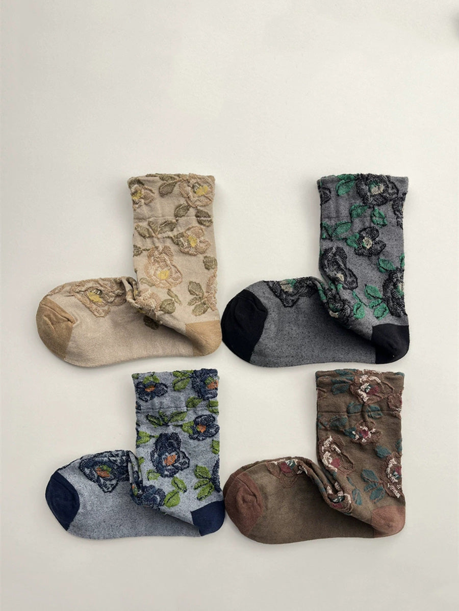 Autumn Socks Women 5 Artsy Flower Cotton Pairs Embossing FashionChic