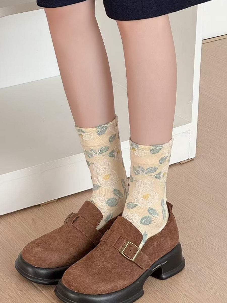 Autumn Socks Women 5 Artsy Flower Cotton Pairs Embossing FashionChic
