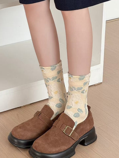 Autumn Socks Women 5 Artsy Flower Cotton Pairs Embossing FashionChic