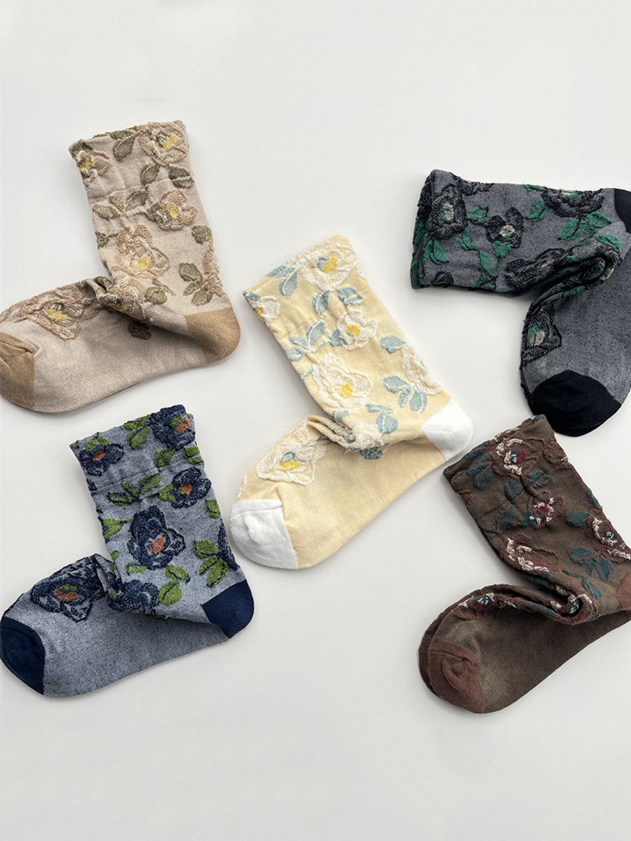 Autumn Socks Women 5 Artsy Flower Cotton Pairs Embossing FashionChic