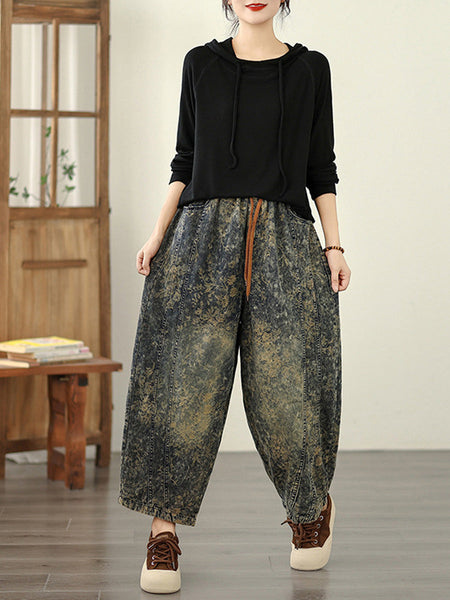 Autumn Flower Women Denim Harem Pants Retro FashionChic