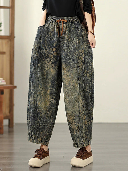 Autumn Flower Women Denim Harem Pants Retro FashionChic