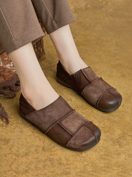 Flat Shoes Leather Vintage Women Autumn Spliced FashionChic