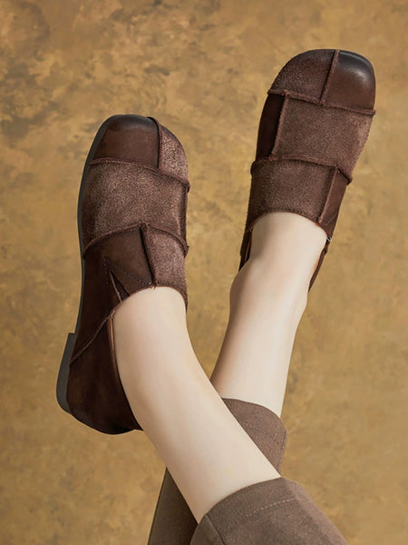Flat Shoes Leather Vintage Women Autumn Spliced FashionChic