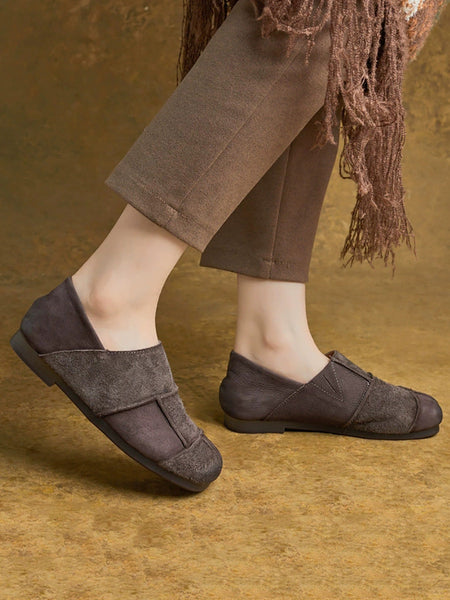 Flat Shoes Leather Vintage Women Autumn Spliced FashionChic