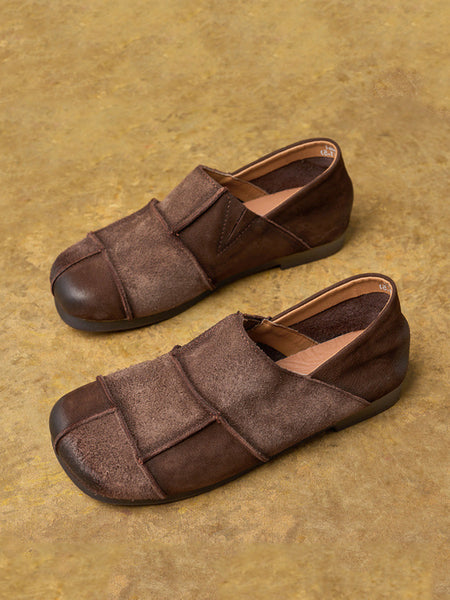Flat Shoes Leather Vintage Women Autumn Spliced FashionChic