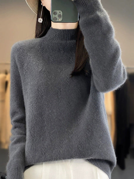 Pure Sweater Color Autumn Half-Turtleneck Women Casual FashionChic