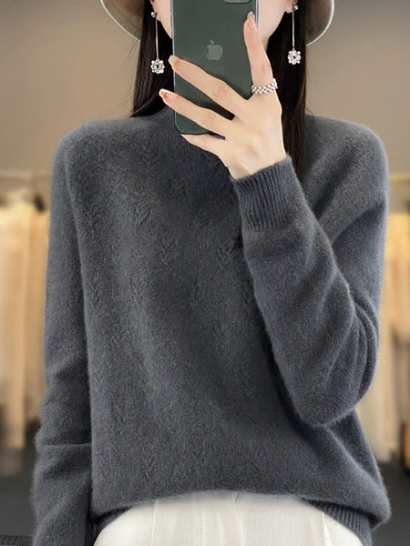 Pure Sweater Color Autumn Half-Turtleneck Women Casual FashionChic