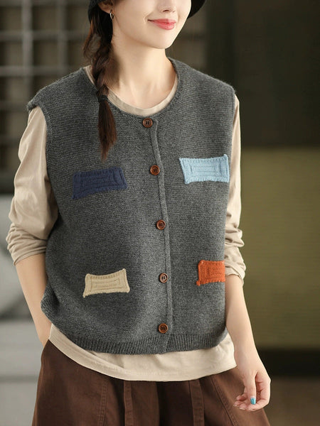 Vest O-Neck Knitted Patch Artsy 100%Cotton Women Autumn FashionChic