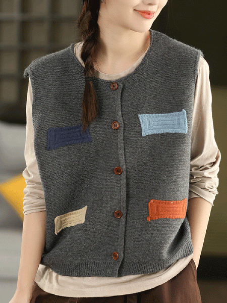 Vest O-Neck Knitted Patch Artsy 100%Cotton Women Autumn FashionChic