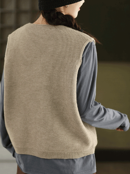 Vest O-Neck Knitted Patch Artsy 100%Cotton Women Autumn FashionChic