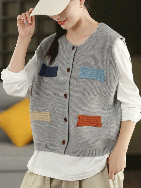 Vest O-Neck Knitted Patch Artsy 100%Cotton Women Autumn FashionChic