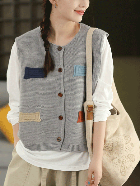 Vest O-Neck Knitted Patch Artsy 100%Cotton Women Autumn FashionChic