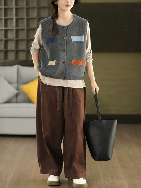 Vest O-Neck Knitted Patch Artsy 100%Cotton Women Autumn FashionChic