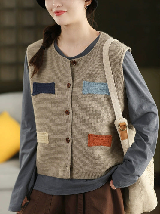 Vest O-Neck Knitted Patch Artsy 100%Cotton Women Autumn FashionChic