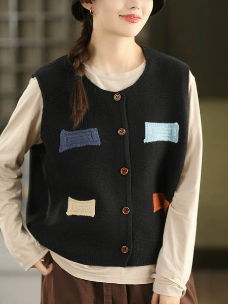 Vest O-Neck Knitted Patch Artsy 100%Cotton Women Autumn FashionChic