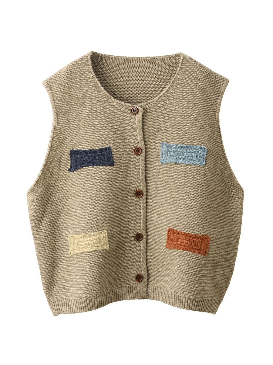 Vest O-Neck Knitted Patch Artsy 100%Cotton Women Autumn FashionChic