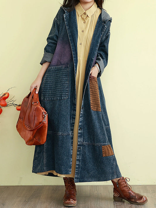 Denim Autumn Long Colorblock Hooded Coat Women FashionChic