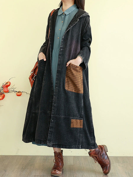 Denim Autumn Long Colorblock Hooded Coat Women FashionChic