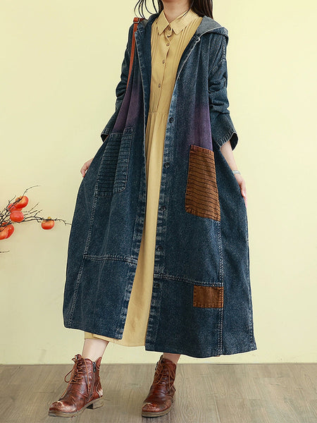 Denim Autumn Long Colorblock Hooded Coat Women FashionChic