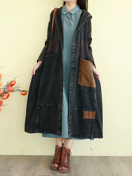 Denim Autumn Long Colorblock Hooded Coat Women FashionChic