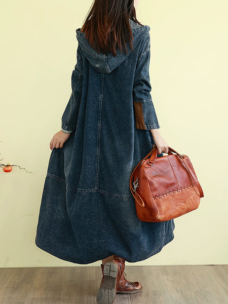 Denim Autumn Long Colorblock Hooded Coat Women FashionChic