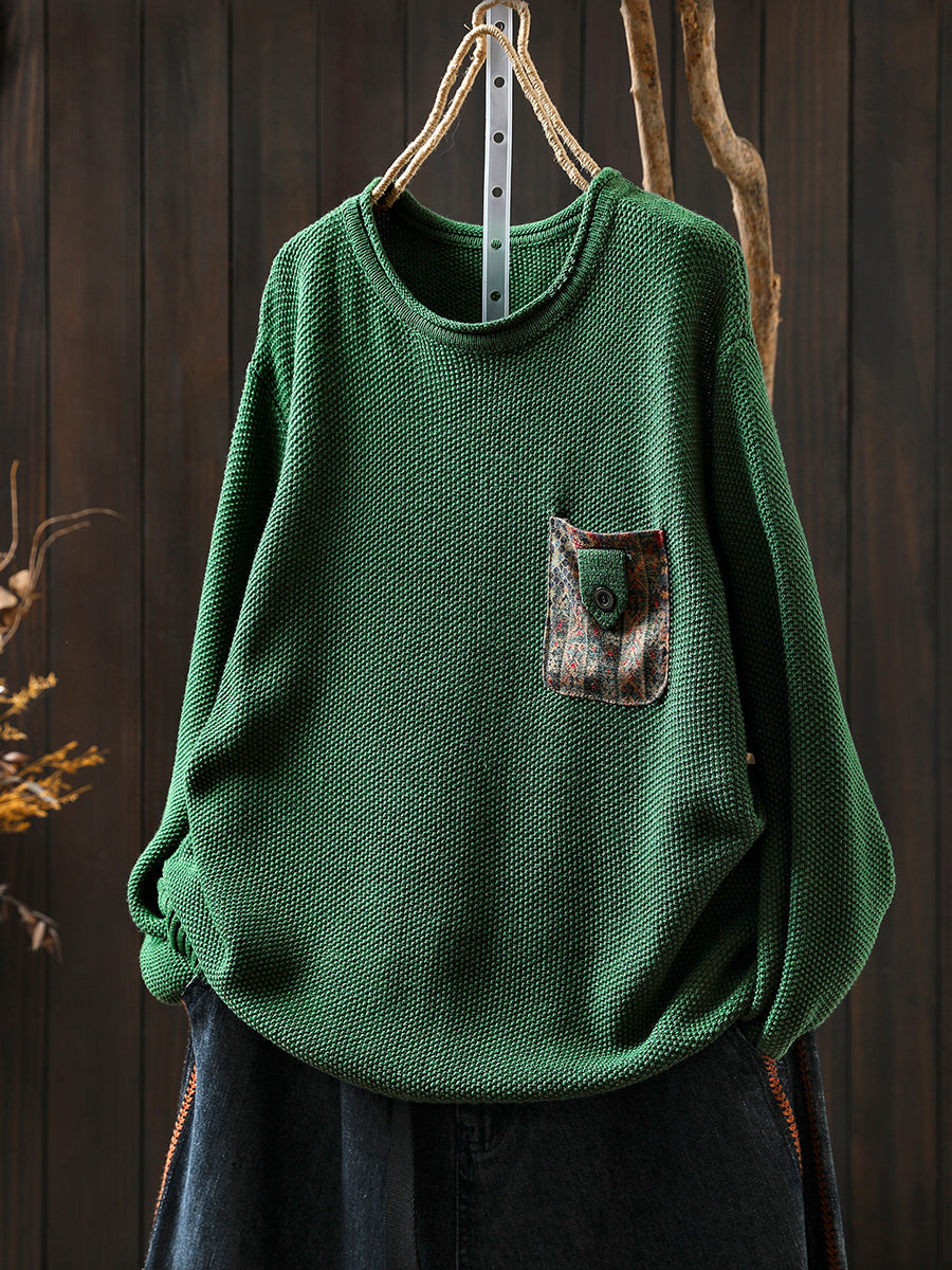 Artsy Sweater Women O-Neck Pocket Patch Knitted Autumn FashionChic