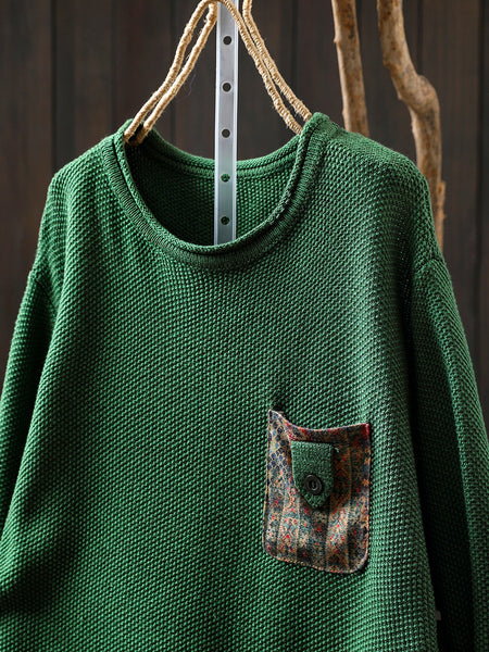 Artsy Sweater Women O-Neck Pocket Patch Knitted Autumn FashionChic