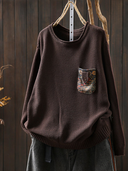 Artsy Sweater Women O-Neck Pocket Patch Knitted Autumn FashionChic