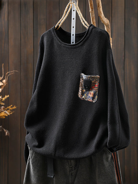 Artsy Sweater Women O-Neck Pocket Patch Knitted Autumn FashionChic
