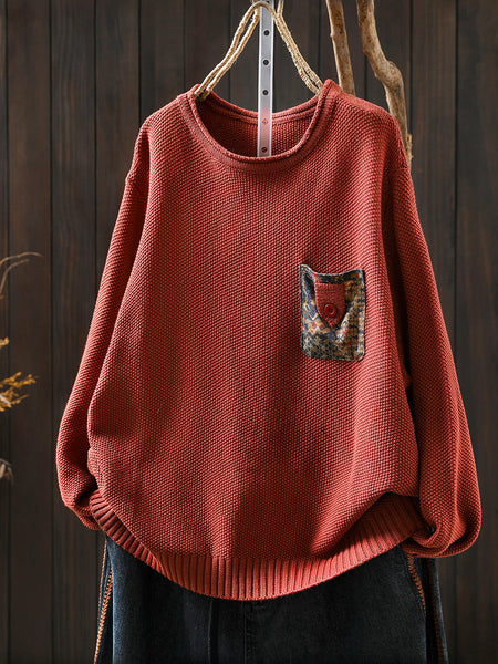 Artsy Sweater Women O-Neck Pocket Patch Knitted Autumn FashionChic