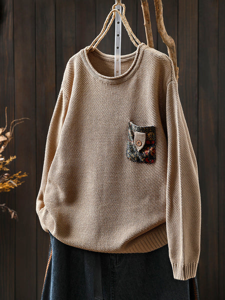 Artsy Sweater Women O-Neck Pocket Patch Knitted Autumn FashionChic