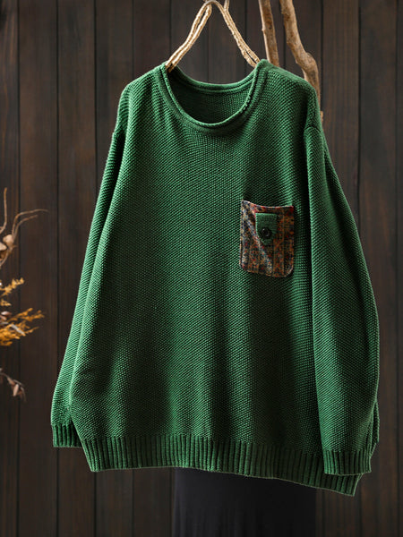 Artsy Sweater Women O-Neck Pocket Patch Knitted Autumn FashionChic