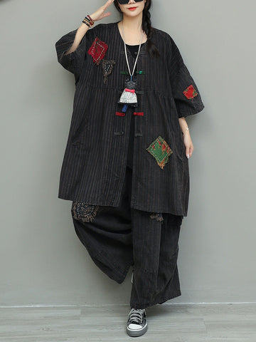 Vintage Patchwork Stripe Suits Autumn Women Loose FashionChic