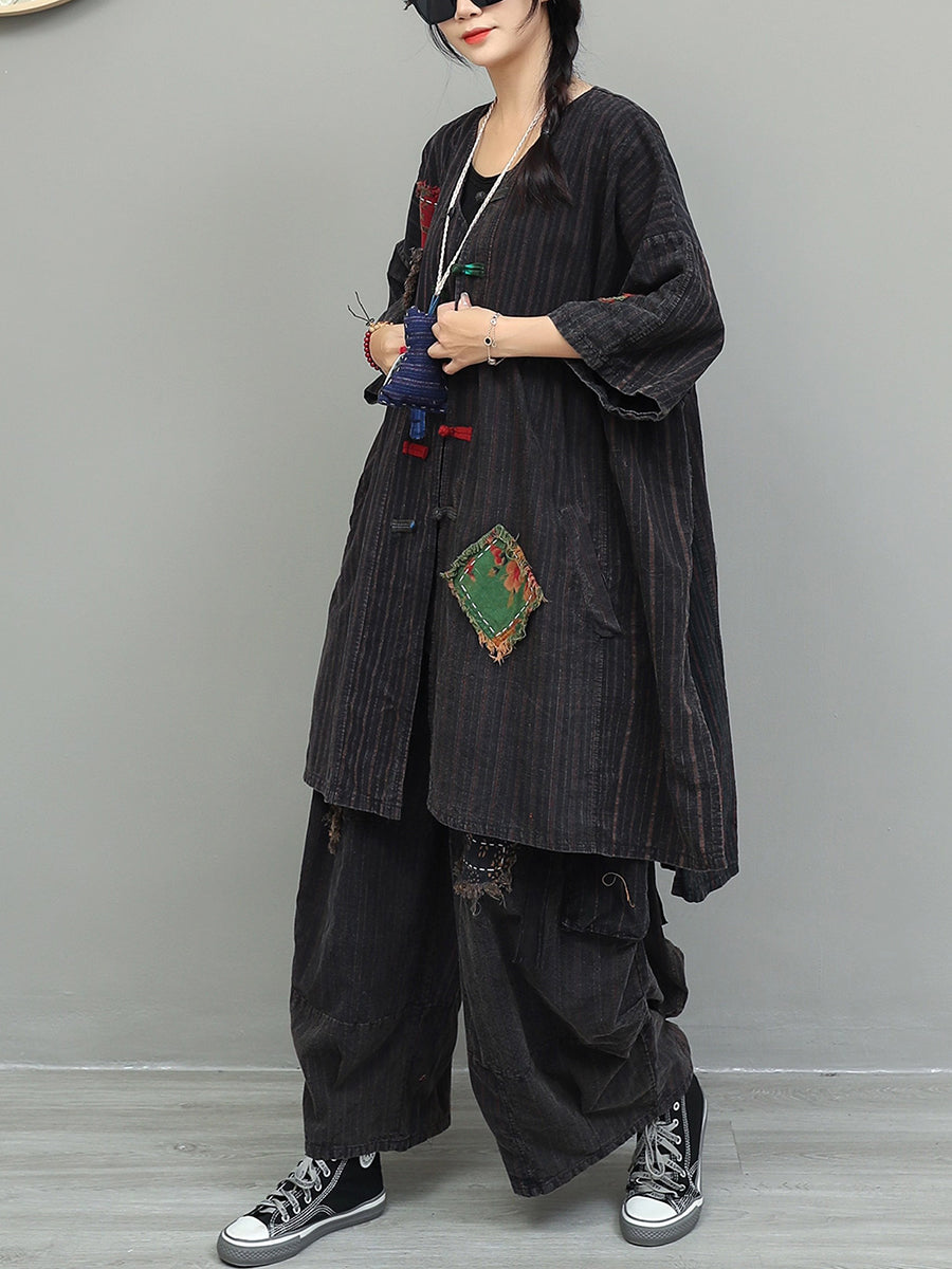 Vintage Patchwork Stripe Suits Autumn Women Loose FashionChic