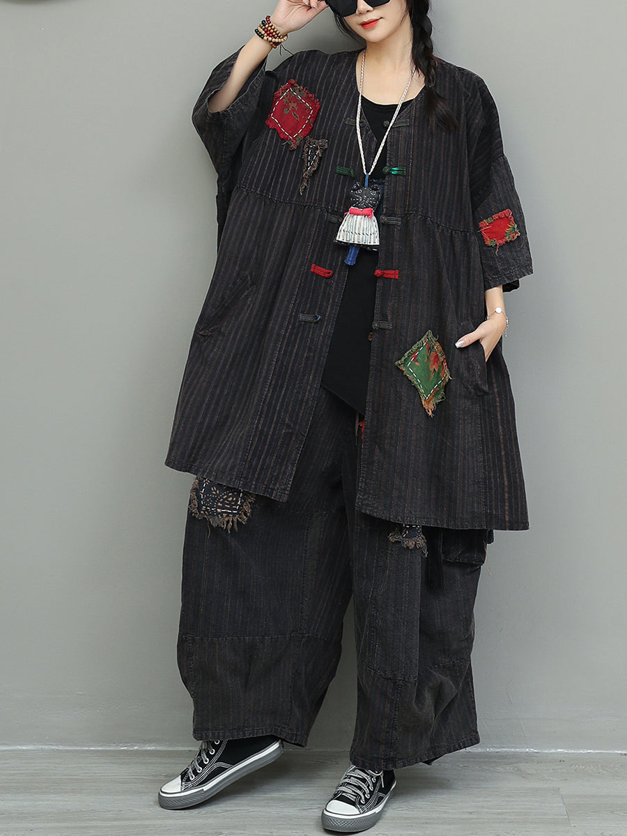 Vintage Patchwork Stripe Suits Autumn Women Loose FashionChic