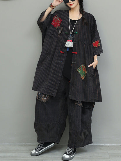 Vintage Patchwork Stripe Suits Autumn Women Loose FashionChic