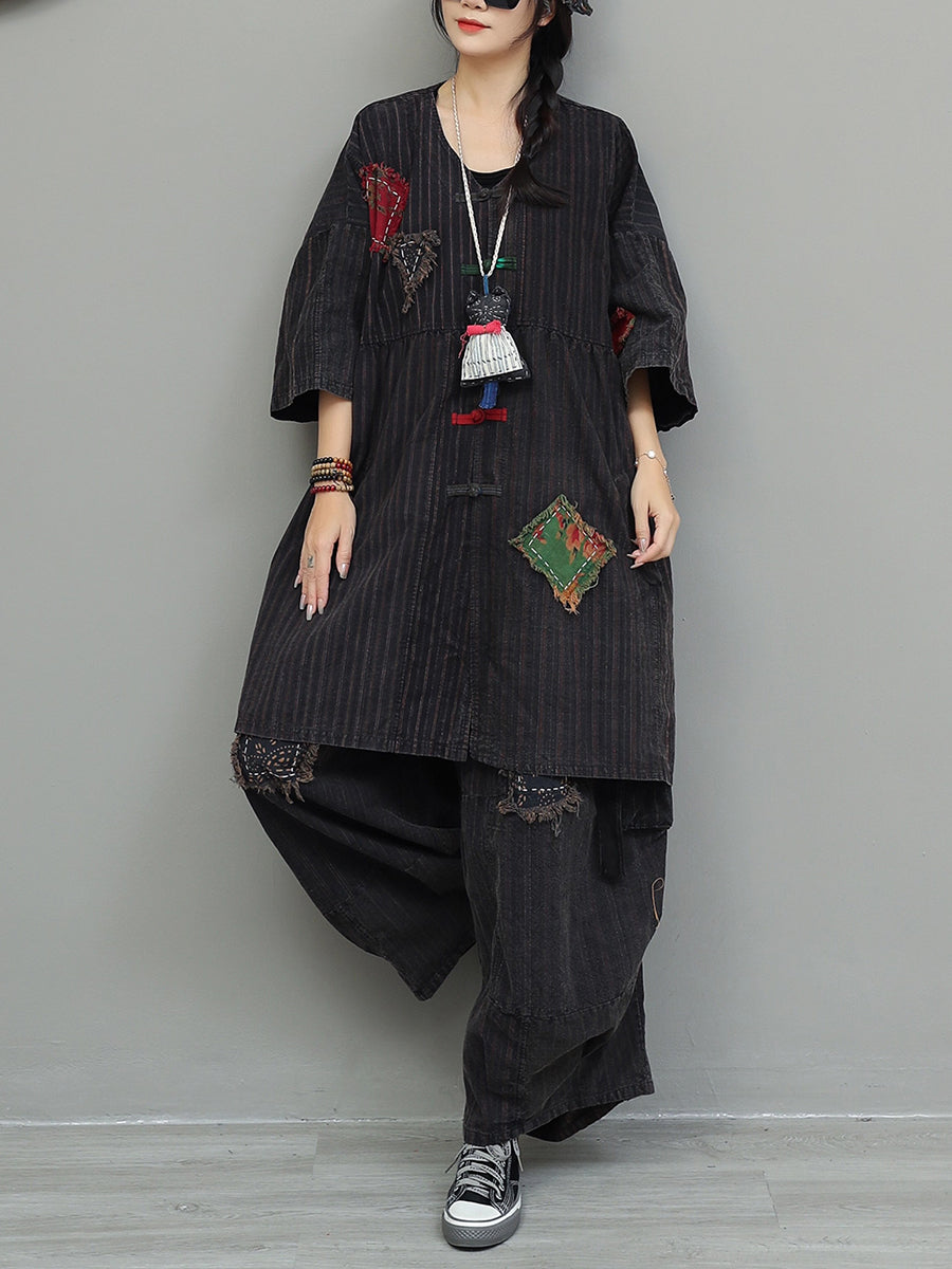 Vintage Patchwork Stripe Suits Autumn Women Loose FashionChic