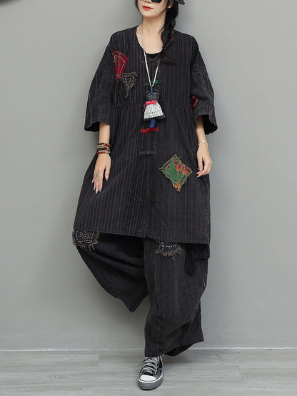 Vintage Patchwork Stripe Suits Autumn Women Loose FashionChic