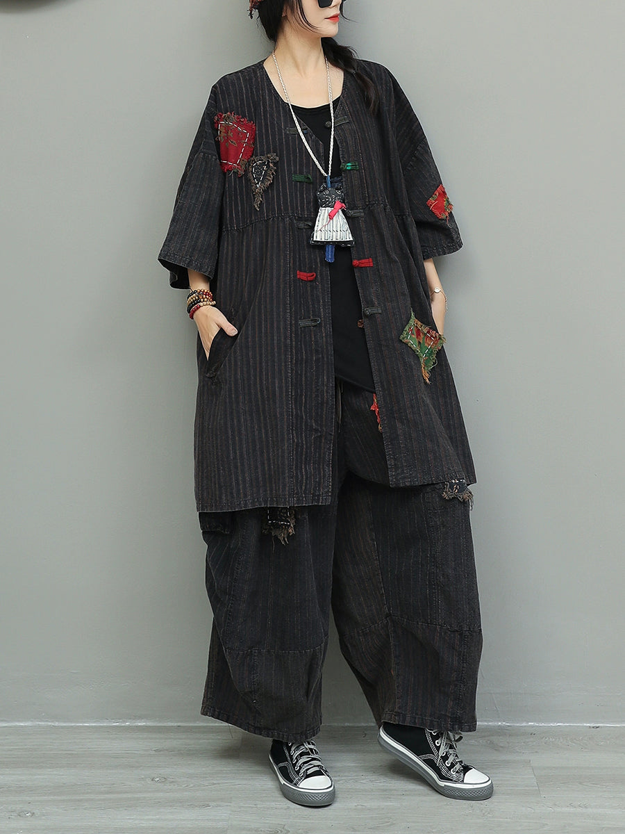 Vintage Patchwork Stripe Suits Autumn Women Loose FashionChic