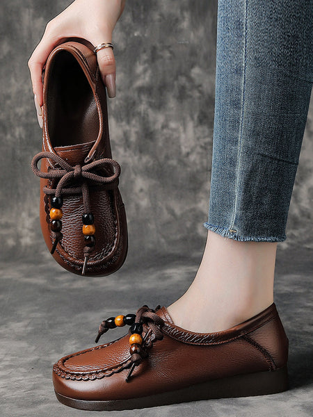 Leather Shoes Heel Women Soft Vintage Low FashionChic