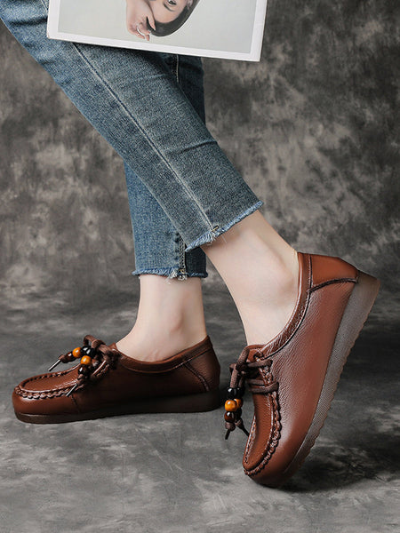 Leather Shoes Heel Women Soft Vintage Low FashionChic
