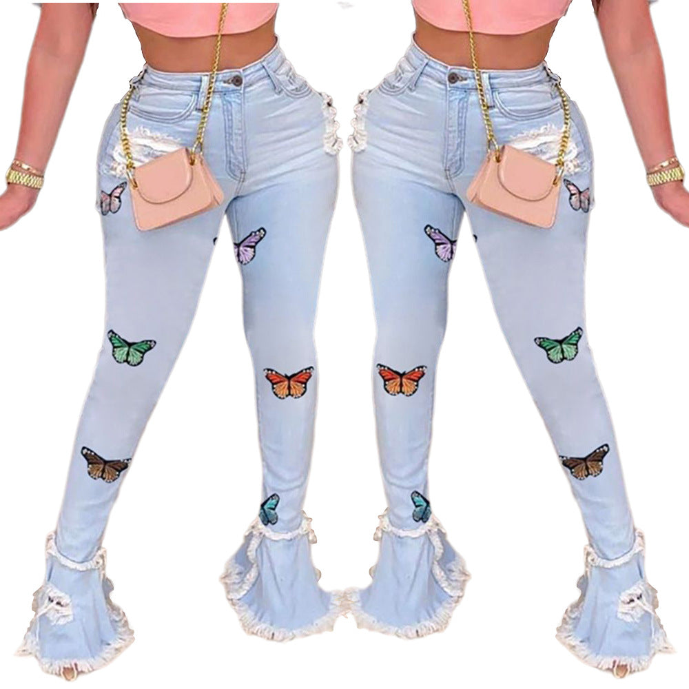 Light Blue Butterfly Print Jeans F3208 Furdela Wholesale