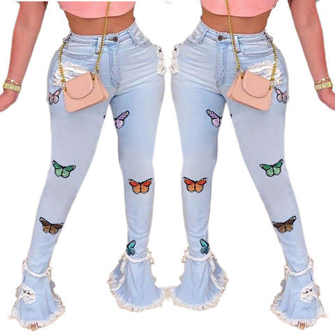 Light Blue Butterfly Print Jeans F3208 Furdela Wholesale