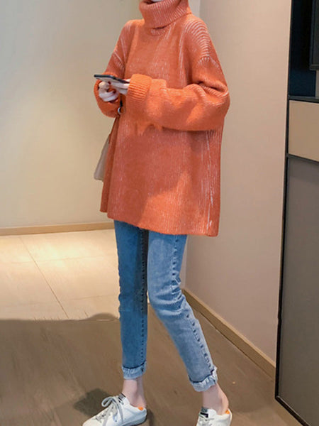 Design Loose Blue Contrast Color High-Neck Long Sleeve Sweater AN1054 Genistyle Shop