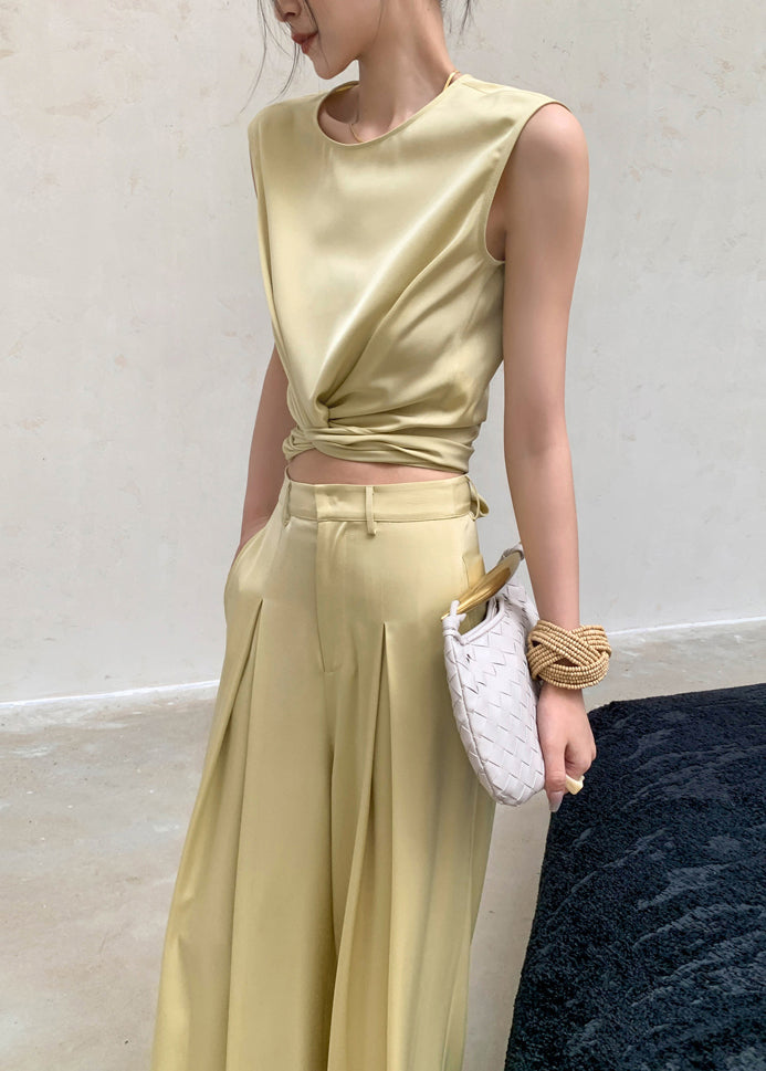 French Yellow O-Neck Silk Top And Wide Leg Pants Two Pieces Set Sleeveless AN1027 Genistyle Shop