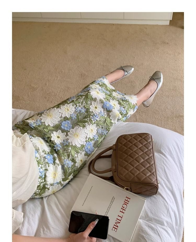 Floral Green Straight Elegant Embroidery Skirt FashionChic